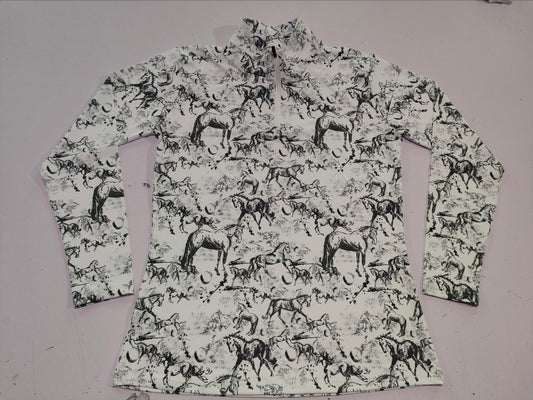 PRE-ORDER - Black & White Dressage Horse Long Sleeve Sun Shirt | Elegant Equestrian Performance Wear