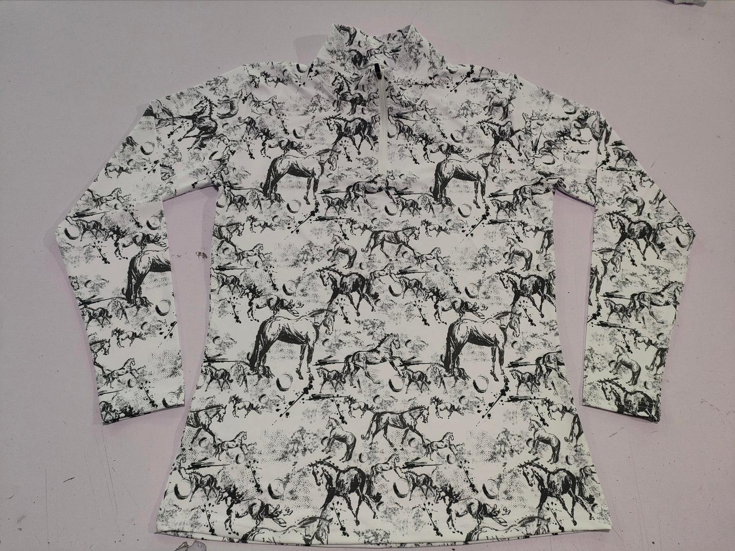 PRE-ORDER - Black & White Dressage Horse Long Sleeve Sun Shirt | Elegant Equestrian Performance Wear